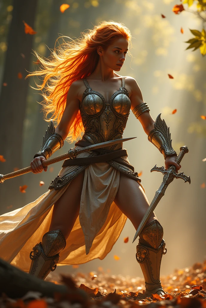 Beautiful sexy red haired young woman warrior in fight, light armor, action scene, volumetric light, masterpiece 