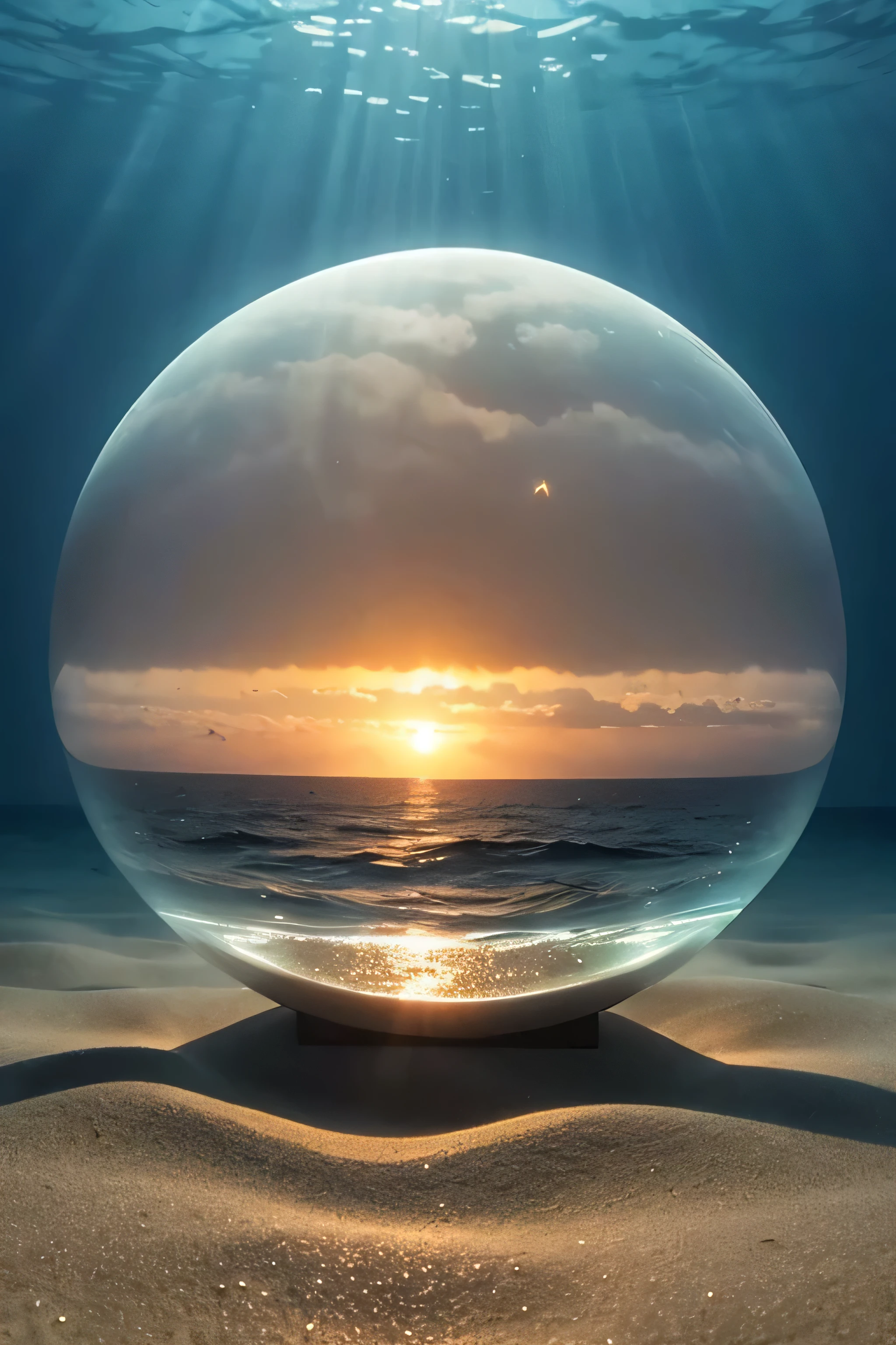 Underwater world,Life at sea，Transparent fog，A hemisphere looks down from the sky，wonderful，Artistically。Beach sand background
