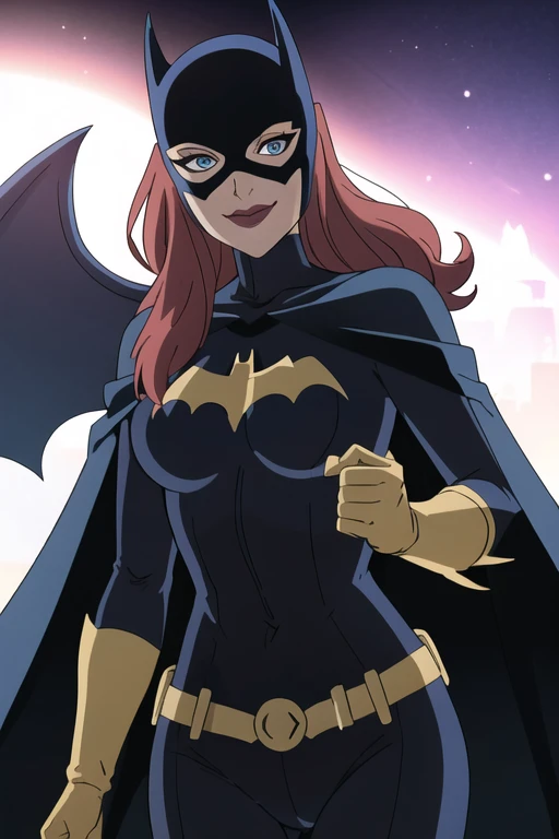 BarbaraG, 1girl, solo, long blue cape, big cape, blue mask, belt, gloves, blue eyes, superhero, long hair, bodysuit, lipstick, batgirl, park, smile,