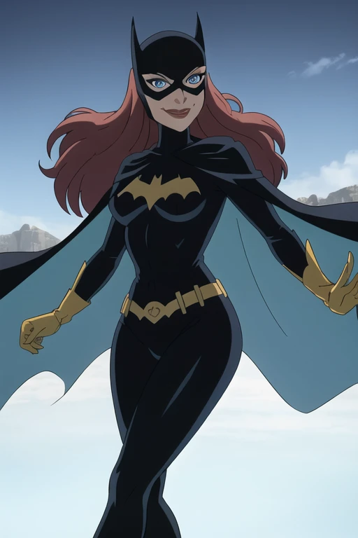 BarbaraG, 1girl, solo, long blue cape, big cape, blue mask, belt, gloves, blue eyes, superhero, long hair, bodysuit, lipstick, batgirl, park, smile, 