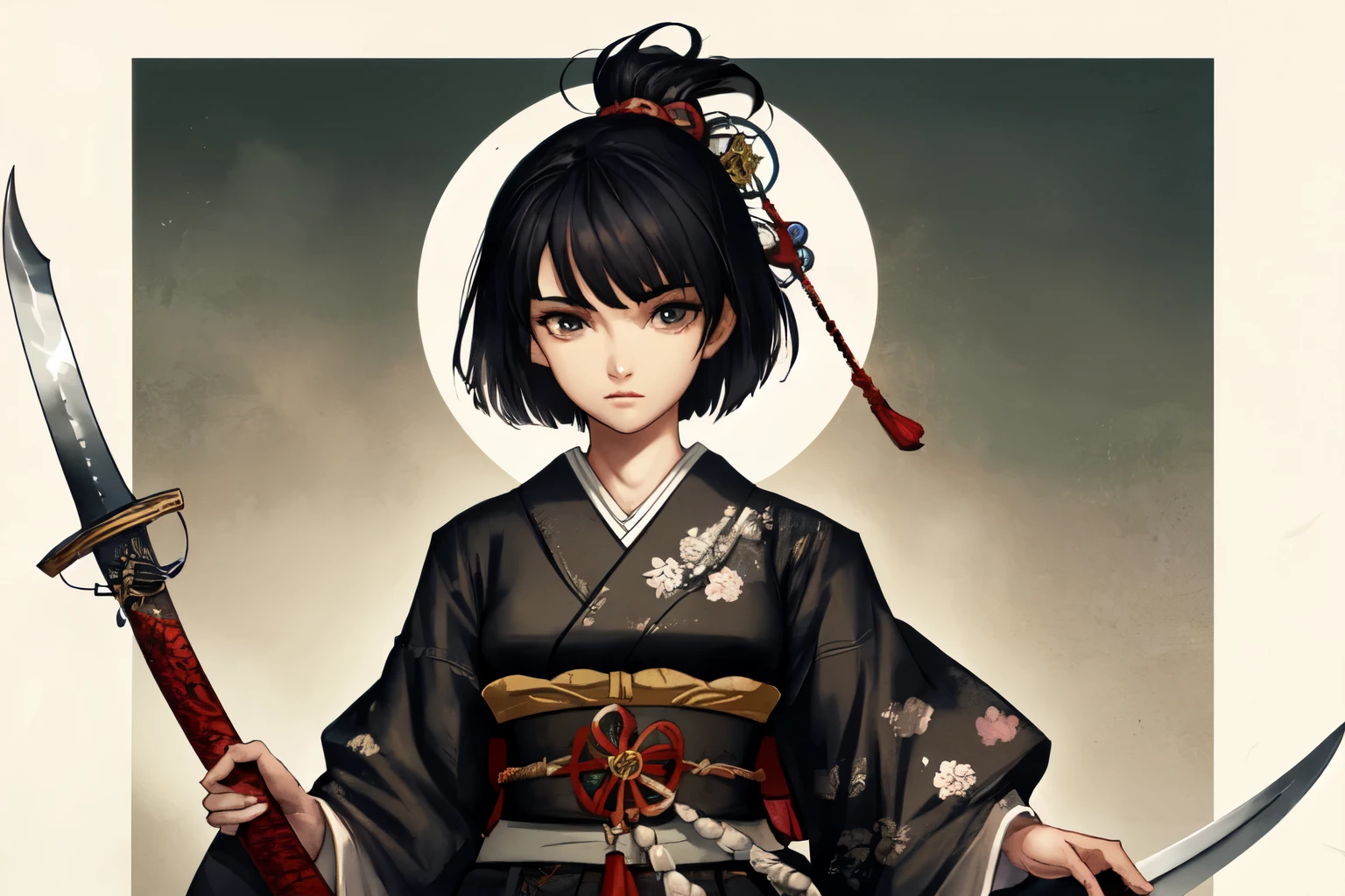 Japanese Sengoku period, two swords, beautiful girl, short hair, black hair, strongest