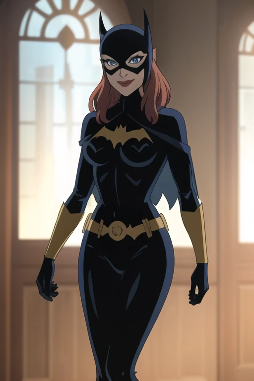 BarbaraG, 1girl, solo, long blue cape, big cape, blue mask, belt, gloves, blue eyes, superhero, long hair, bodysuit, lipstick, batgirl, indoors, smile,