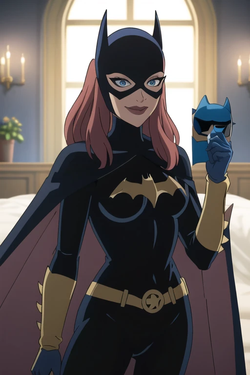 BarbaraG, 1girl, solo, long blue cape, big cape, blue mask, belt, gloves, blue eyes, superhero, long hair, bodysuit, lipstick, batgirl, indoors, smile,