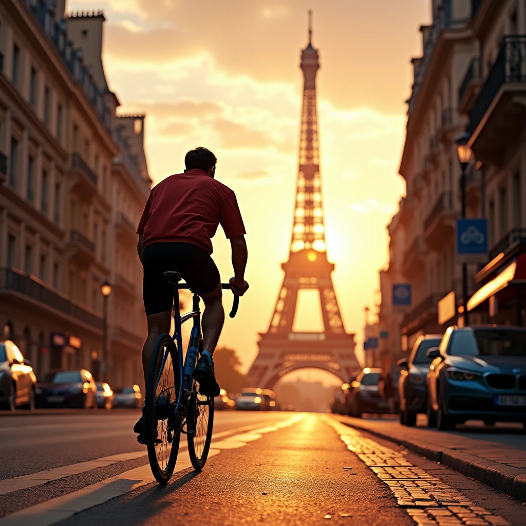 A cyclist walks through the city, with Paris Eiffel tower characteristic building and cultural landmarks in the background. Using urban landscapes as backgrounds to showcase the integration of cycling and urban life. Beautiful cinematic lighting, surreal, RAW photo, color graded, dynamic movement, captivating chiaroscuro, full body, award-winning, cinematic still, emotional, vignette, dynamic, vivid, (masterpiece, best quality, photorealistic, Professional, perfect composition, very aesthetic, absurdres, ultra-detailed, intricate details:1.3)