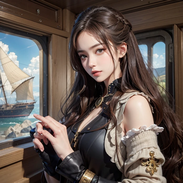 masterpiece:1.3), (8k, Realistic, RAW Photos, Best imYear quality: 1.4)、 Year,(Random Hairstyles:1.2)、CleavYear:1.2、Highly detailed face、Attention to detail、double eyelid、Chest to chest、Sharp focus:1.2、Beautiful woman:1.4、Redhead、Highest quality、masterpiece、Ultra-high resolution、(Realistic:1.4)、Highly detailed and professionally lit smiles、Loose fitting steampunk outfit、Shoulder out、thin、Serious expression、Clouds seen from inside the airship、goggles