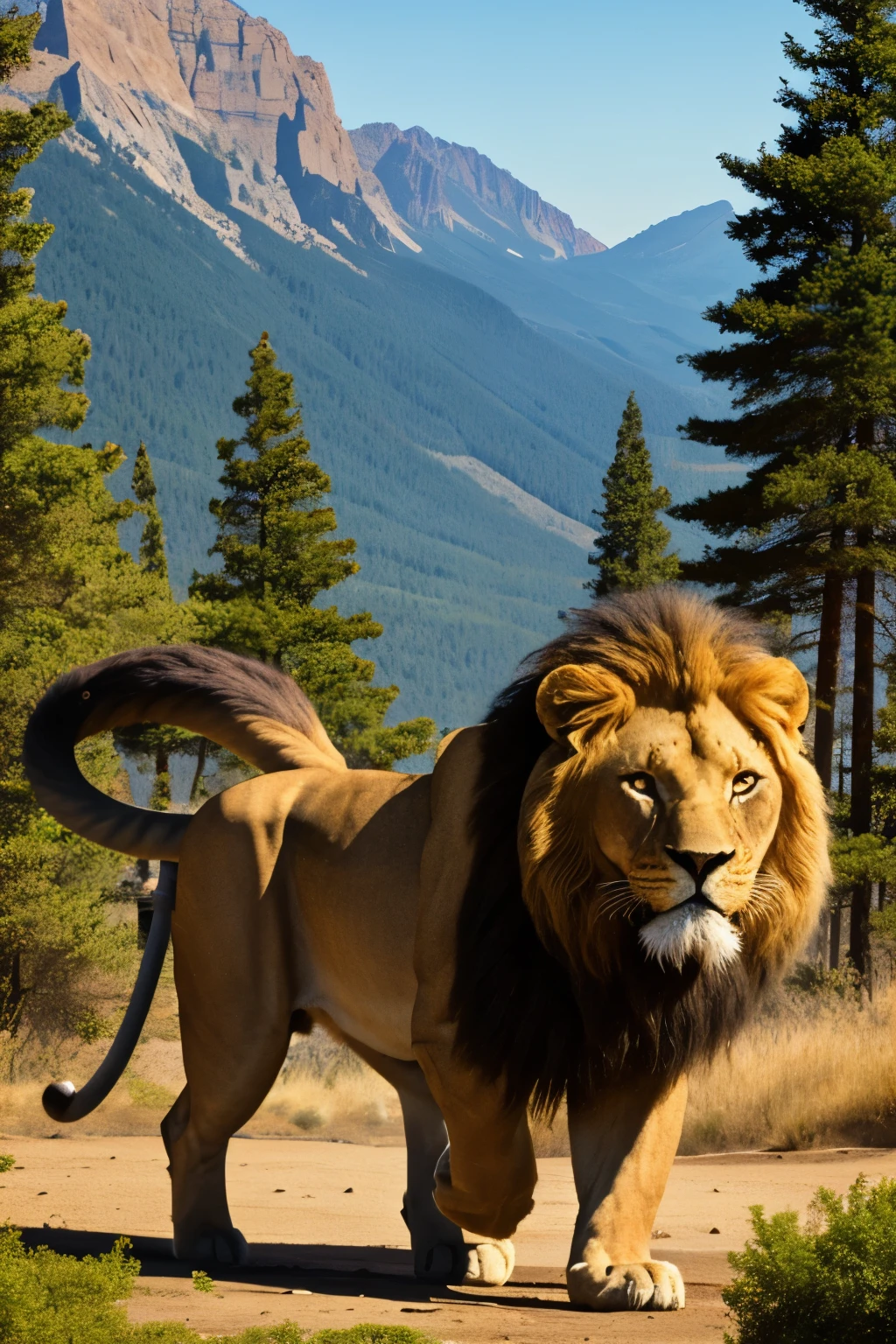 Create a vibrant and detailed scene of the work of Hercules confronting the Nemean Lion. En el centro de la imagen, Hercules is in a combat stance, using his immense strength to fight the Nemean Lion, a colossal creature with impenetrable and fierce skin. Hercules should have an expression of determination, wielding a club or a similar weapon. The lion should have a majestic and threatening appearance, with a golden, shimmering skin that reflects the light. Ao fundo, show a rugged mountainous landscape, with trees and rocks that help create an epic and challenging setting. The lighting should emphasize the tension and force of the combat, with dramatic shadows and highlighting the muscles and intensity of the fight.