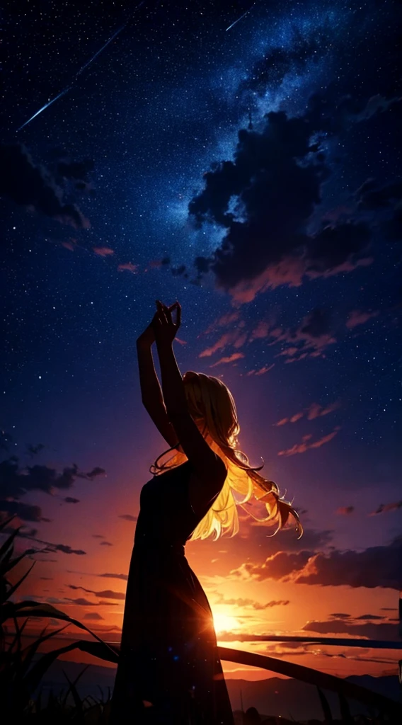 Starry Sky，dance，Female angel１people々，silhouette，blonde， dress，blonde long hair，