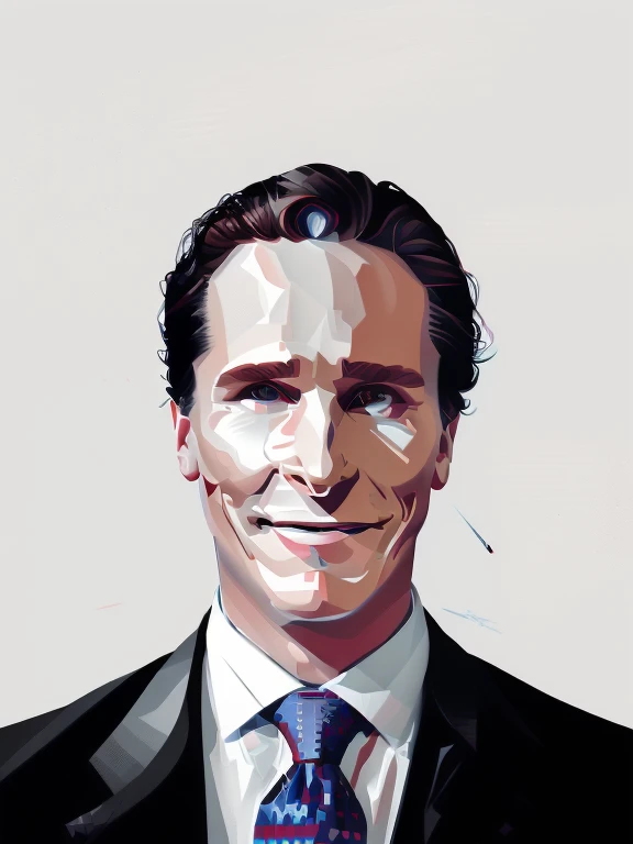 There is a man in a suit and tie with a smile on his face.., Patrick Bateman), Patrick Bateman, american psycho, high-quality portrait, in american psycho, epic Portrait Illustration, digital illustration portrait, digital art portrait, digitalportrait, 2d portrait, detailed illustration portrait, digital art - w 700, Portrait Illustration, stylized portrait, vectorial art