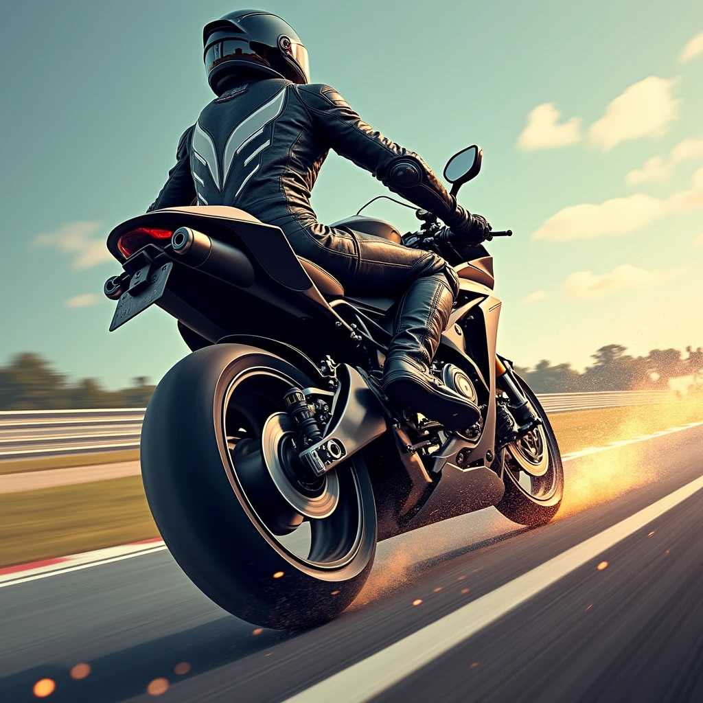 An artistic, rough painting of a professional motorcyclist speeding down a race track on a powerful sports bike. The scene captures the rider from behind, wearing a black helmet, a leather racing suit in black and white with protective padding, and riding boots. The motorcyclist is leaning into a turn, the tires gripping the track, with sparks and dust flying around, adding to the sense of speed and intensity. The background shows the track curving with blurred surroundings, emphasizing the speed. The artwork has a raw, rough style with a professional quality, capturing the thrill and power of motorcycle racing.