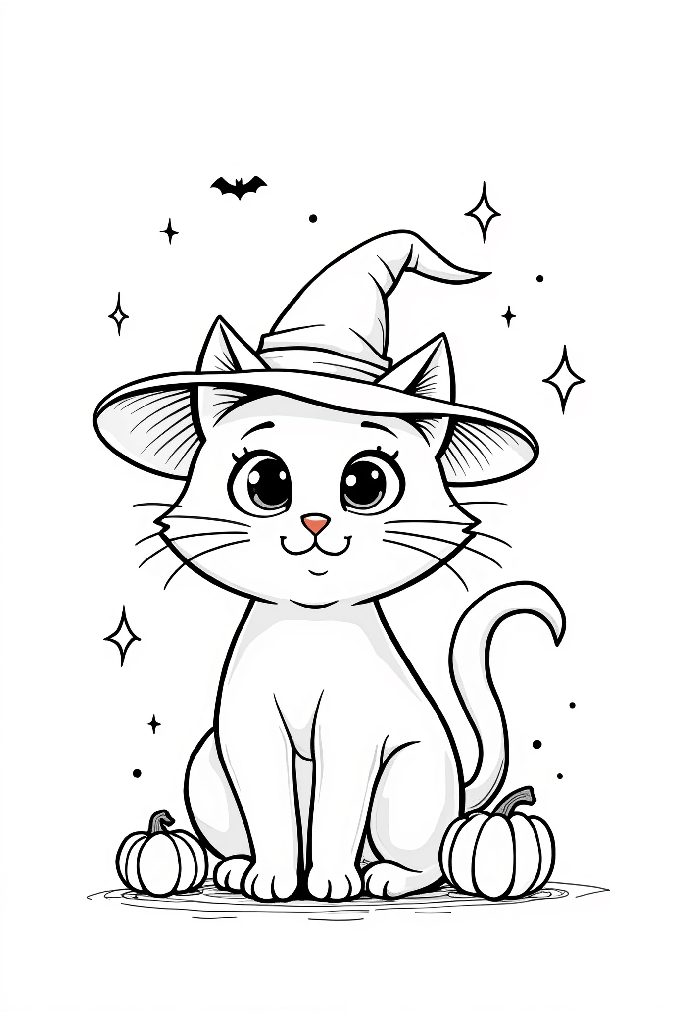 Cute Halloween cat with witcher hat coloring Page, simple for toddlers, bold and easy, black bold lines White background, for a coloring book black and white, líne art, only bold outlines but the design is simple and bold, no grayscale