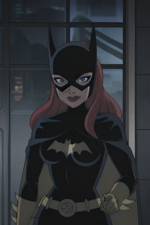 BarbaraG, 1girl, solo, long blue cape, big cape, blue mask, belt, gloves, blue eyes, superhero, long hair, bodysuit, lipstick, batgirl, indoors, smile,