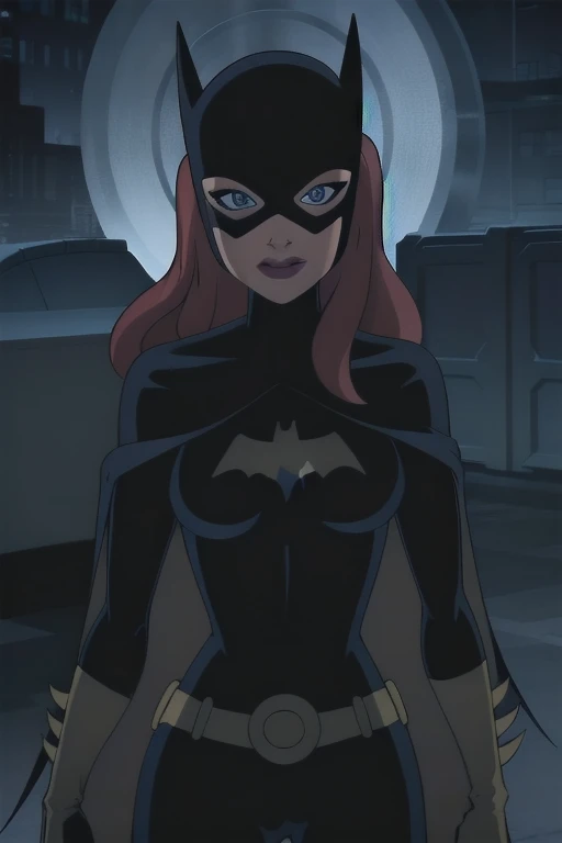 BarbaraG, 1girl, solo, long blue cape, big cape, blue mask, belt, gloves, blue eyes, superhero, long hair, bodysuit, lipstick, batgirl, indoors, smile,