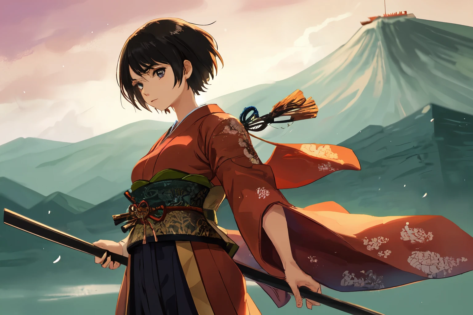 Japanese Sengoku period, Japanese anime, Niten Ichi-ryu, beautiful girl, short hair, black hair, strongest