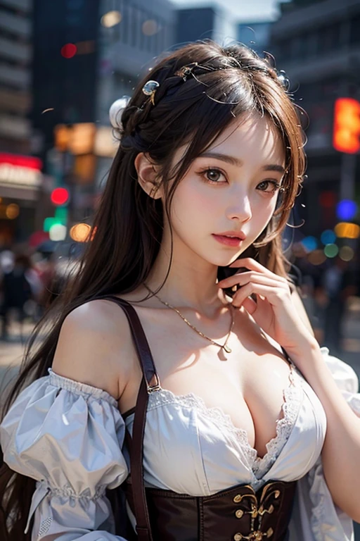 (masterpiece:1.3), (8k, Realistic, RAW Photos, Best image quality: 1.4), Japanese 、26 years old,(Random Hairstyles:1.2)、Cleavage:1.2、Highly detailed face、Attention to detail、double eyelid、Chest to chest、Sharp focus:1.2、Beautiful woman:1.4、Light brown hair、Highest quality、masterpiece、Ultra-high resolution、(Realistic:1.4)、Highly detailed and professionally lit smiles、Loose fitting steampunk outfit、Shoulder out、thin、Serious expression、Holding a gorgeous necklace in her right hand, In the city、Eat dinner