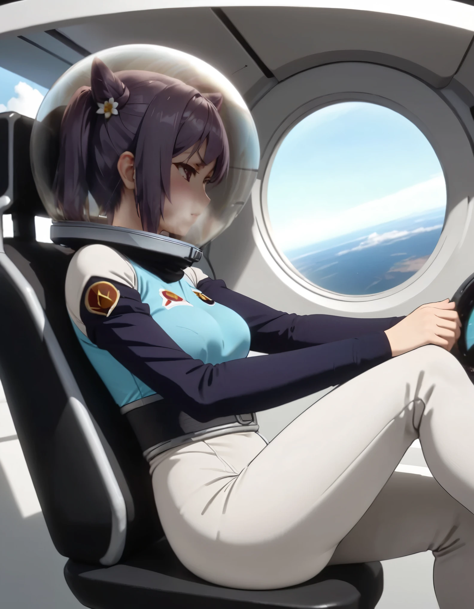 (spacesuit:1.15), white cargo pants, space helmet , , indoors, masterpiece, best quality, 1girl, solo, short hair, , , trembling, HARD TO BREATH,, , bodysuit, from side, bubble helmet, short hair, nside the (cockpit) of a (futuristic spaceship:1.6), , blush,sitting on a chair, covered navel, short hair, keqing