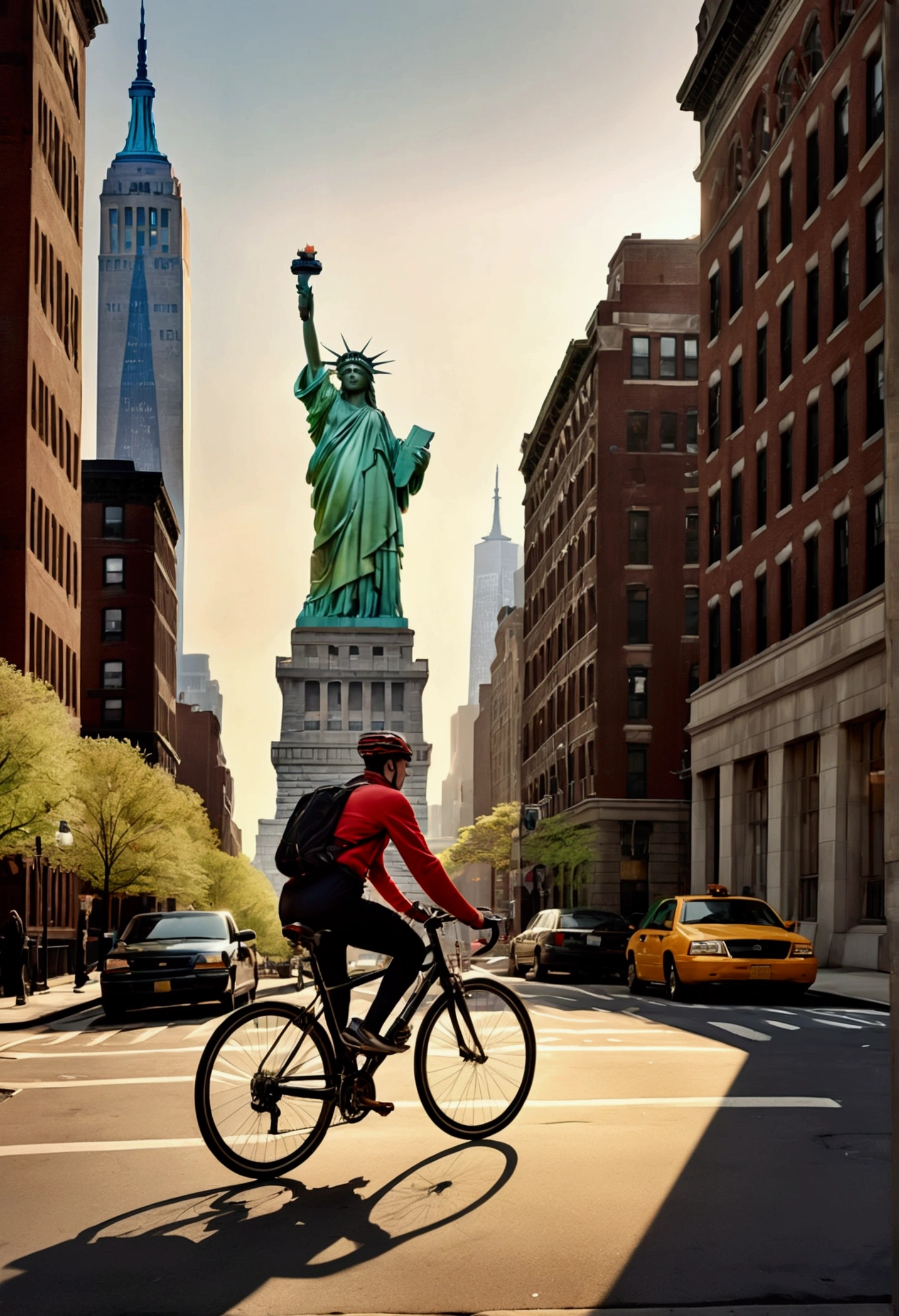A cyclist walks through the city, with America statue of liberty characteristic building and cultural landmarks in the background. Using urban landscapes as backgrounds to showcase the integration of cycling and urban life. Beautiful cinematic lighting, surreal, RAW photo, color graded, dynamic movement, captivating chiaroscuro, full body, award-winning, cinematic still, emotional, vignette, dynamic, vivid, (masterpiece, best quality, photorealistic, Professional, perfect composition, very aesthetic, absurdres, ultra-detailed, intricate details:1.3)