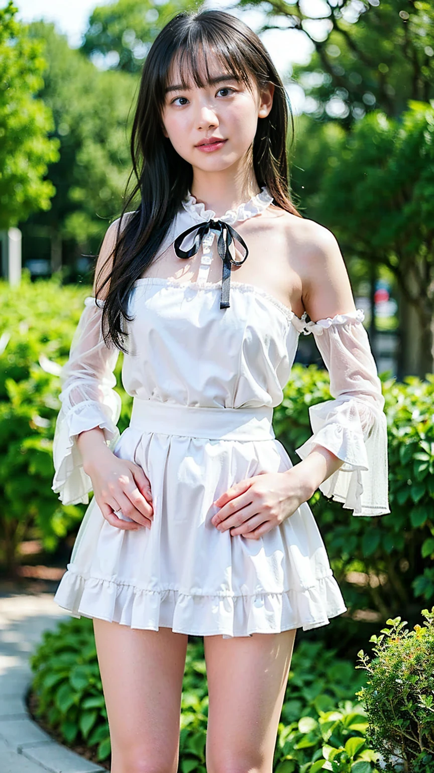 (8k、RAW Photos、Highest quality、masterpiece:1.2)、(Realistic、Realistic)、1 person、((White and black miniskirt、blouse、See-through、Frills、Shoulder visible、garden、Breast enlargement、boots、ribbon、Thin legs、whole body、View from the front、Looking into the camera、Stand with hands on hips))、cute