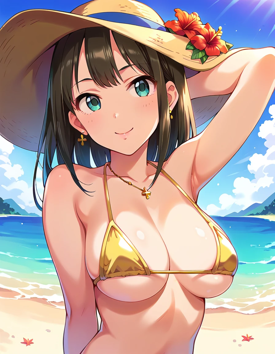 Gold micro bikini,smile,Sandy Beach，cool，
