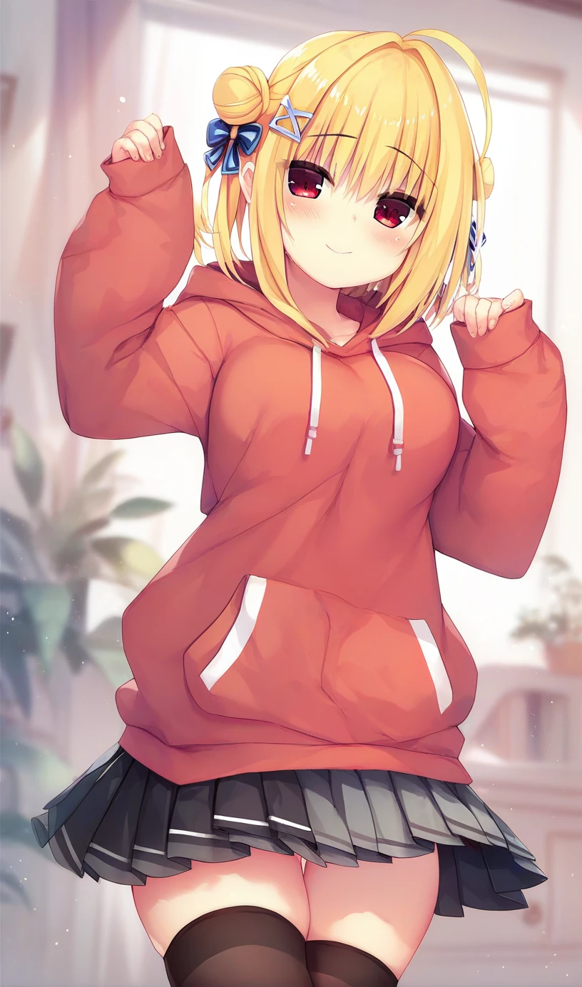 hiyori-default,red eyes,blonde hair, double bun,ahoge,bangs,(red_hoodie:1.3),(black_pleated_skirt:1.35),black_skirt,blush,skirt,breasts,eyebrows_visible_through_hair,blush,thighhighs,long_sleeves,thighs,hair_ornament,hairclip,medium_breasts,zettai_ryouiki,hood,hoodie,hood_down,sleeves_past_wrists,drawstring,red_hoodie,long_hair,smiling,jumping,hand_up