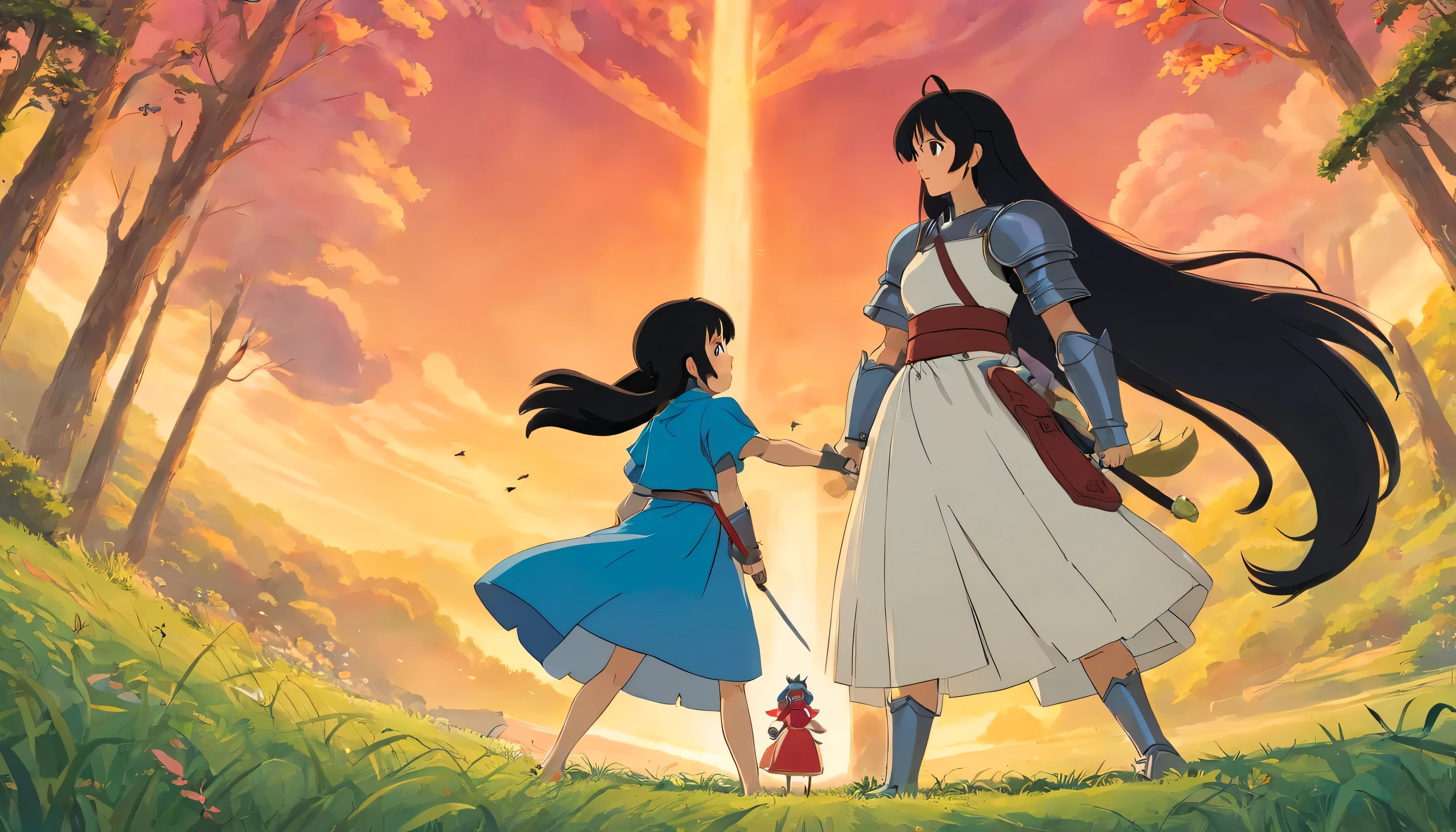 A mother and her daughter both mother and daughter have black hair, blue armor that only covers their breasts and their bare stomachs are ready to fight with a mother and her daughter both mother and daughter have blonde hair, with red armor that only covers their breasts and their stomachs are bare. Two groups hate each other, the mothers are 30 years old, and the girls are , the girls are shorter, and the mothers are taller. Mothers are arguing and threatening each other, and the girls get ready to attack each other