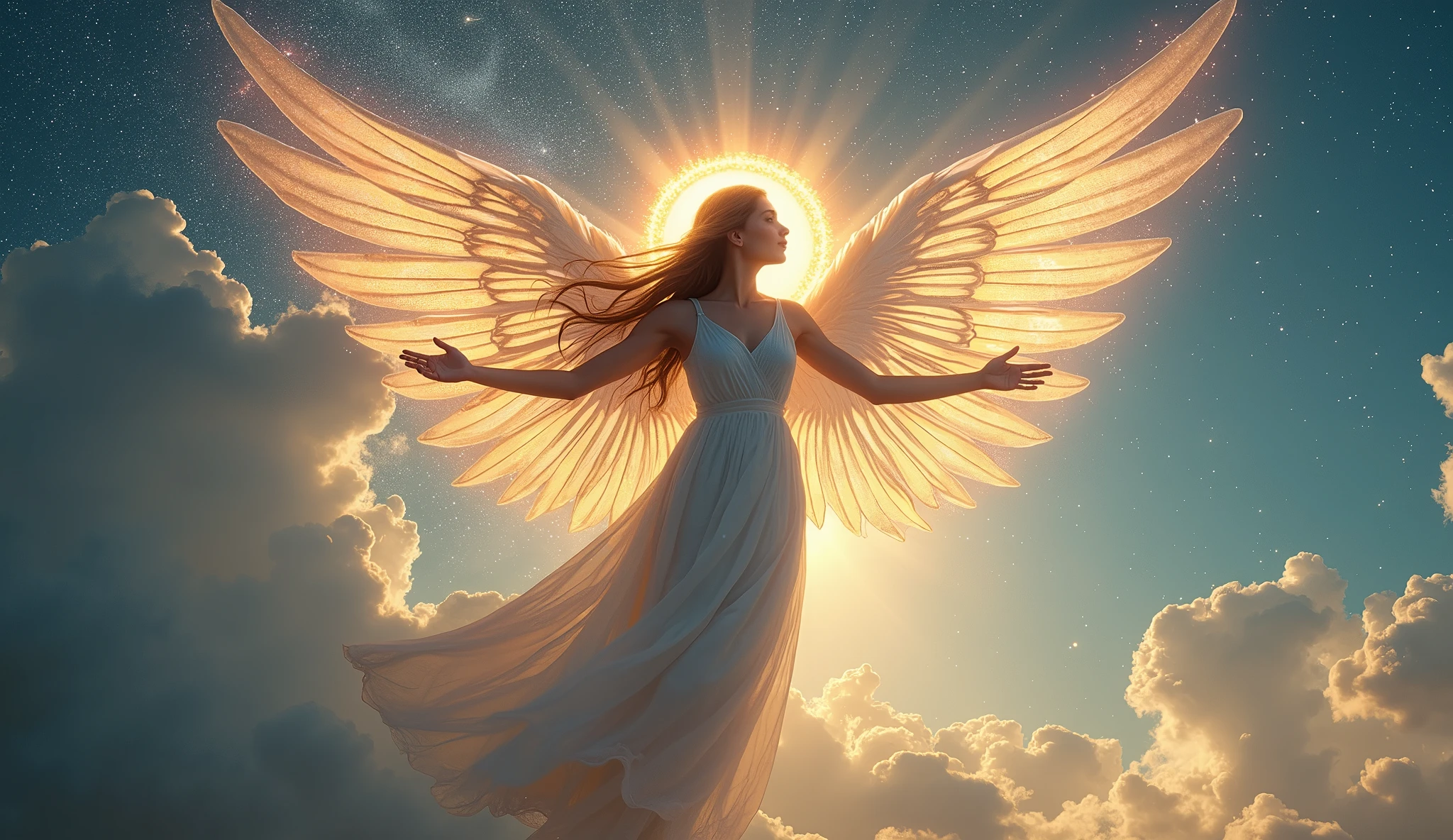 A mesmerizing female angel with a celestial halo, long flowing hair, and iridescent wings, gracefully floating in a heavenly sky filled with glowing stars and ethereal light, exuding an aura of peace and serenity.