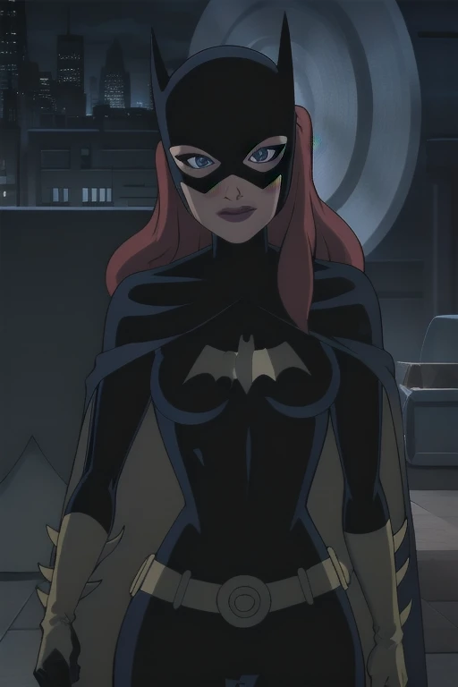 BarbaraG, 1girl, solo, long blue cape, bkue big cape, blue mask, belt, gloves, blue eyes, superhero, long hair, bodysuit, lipstick, batgirl, indoors, smile, 