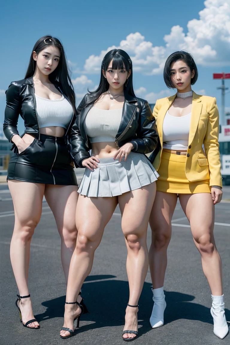 Ultra-high resolution, Realistic, Very detailed, Golden Ratio, Highest quality, Four people are standing full-body shot, (promotional photoshoot), (Are standing), Four people stand on the rooftop in high heels, (Four Beautiful female with Exemplary Figures), Beautiful Face, (Realisticな face), (biondeのショートカット:1.3), Korean artist girl bionde, bionde, long straight light black hair, hair band, Glare, Frowning, Drooling, Long Tongue, Verbal invitation, compensate, Frowning, Frowning, Surrealism, First Person View, First Person View, Wide-angle, Ultra-high resolution, Anatomically correct, Super detailed, 16K, (Four beautiful Korean female artist standing side by side) (wide thighs), (Very sexy long legs),((body builder girl)), ((wide muscles)), ((sexy abdominal muscles)), (huge breasts),(very voluptuous body),(short grey skirt),(strapless jacket),(sexy smile)