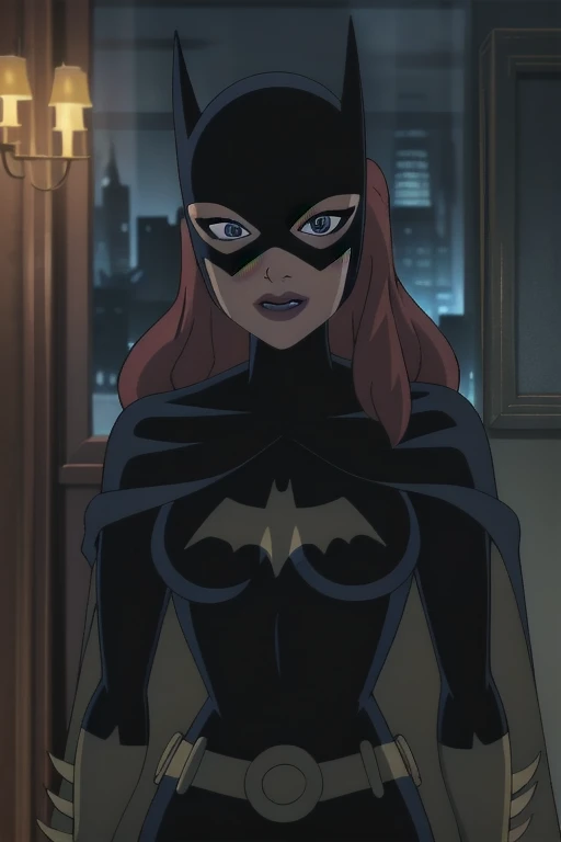 BarbaraG, 1girl, solo, long blue cape, bkue big cape, blue mask, belt, gloves, blue eyes, superhero, long hair, bodysuit, lipstick, batgirl, indoors, smile,