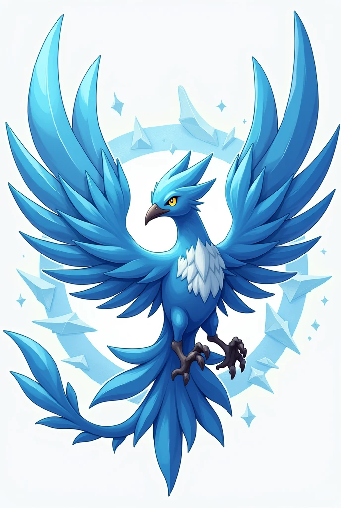 "Design an illustrated gaming logo centered around a character inspired by Articuno from Pokémon. The logo should feature a powerful, majestic ice-blue bird with large wings fully extended, creating a sense of movement and grace. The bird's feathers should be sharp and angular, with the tips of the wings and tail appearing as though they are made of ice shards. Around the wings and body, include swirling, frosty elements to emphasize the bird's ice-type nature, giving the impression that it is surrounded by a cold, icy wind.The bird’s eyes should be intense and focused, glowing with a bright, piercing blue, adding to its fierce and determined expression. The overall color palette should consist of different shades of icy blue, white, and hints of silver to enhance the cold, frozen atmosphere. The logo should have a modern, sleek style, with clean lines and a strong, dynamic pose that conveys power and agility. This design should be eye-catching and suitable for use in a gaming context, giving a sense of strength and elegance."