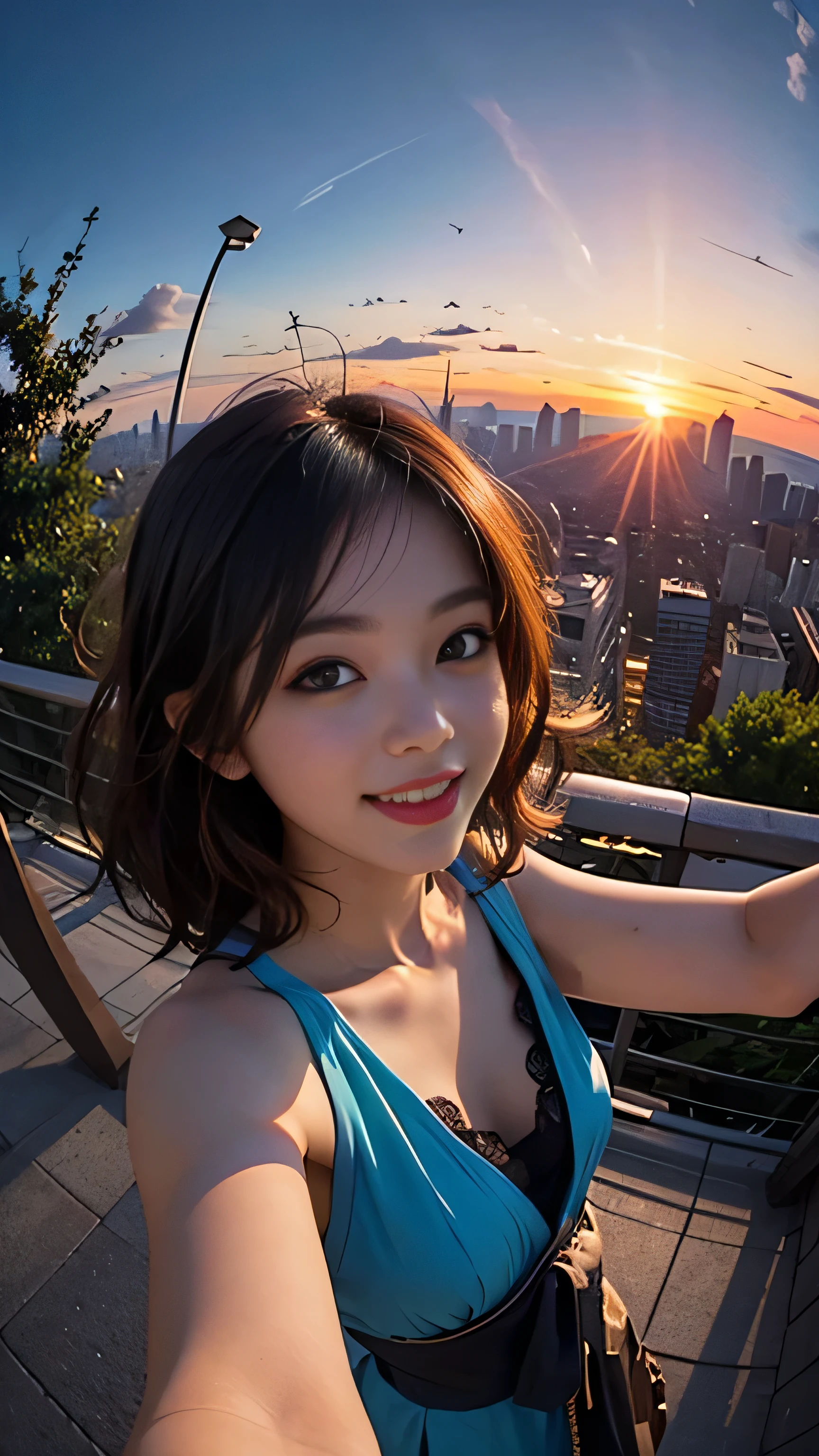 One girl, Korean, Fisheye Lens, Selfie, Wind, Messy Hair, sunset, Cityscape, (Aesthetics and atmosphere:1.2),smile
