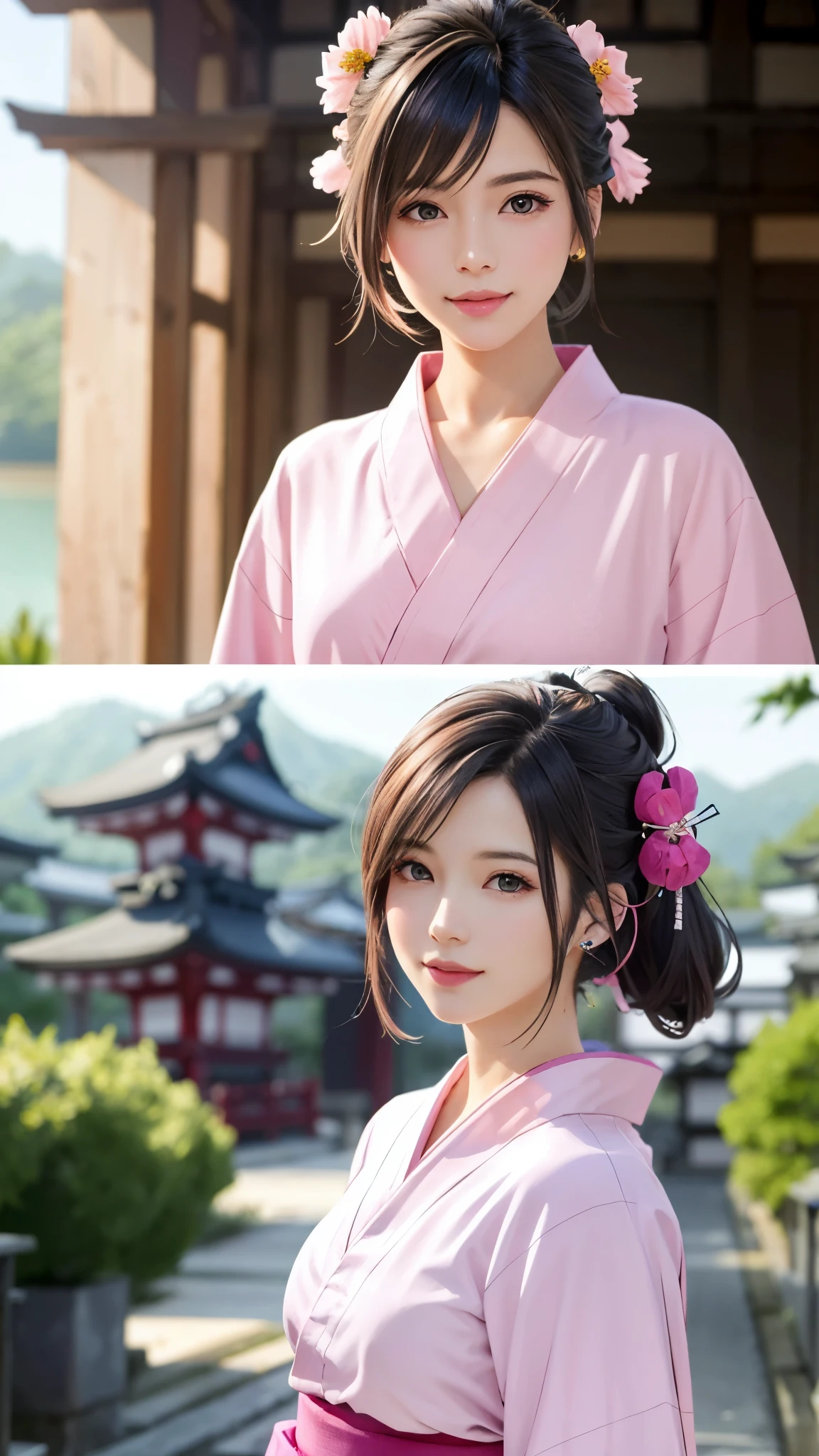 {Top Quality, Masterpiece}, (Realistic: 1.3), Wallpapers, ultra high res, ultra high quality, BREAK {{{FF7, Tifa_lockhart, solo}}},(ponytail), Ultra-detailed face, Detailed eyes, Red eyes, (black brown hair, Large breasts: 1.0), (she is wearing a pink beautiful yukata:1.8), About 18 years old, {{{erotic face ,erotic mouth, erotic eyes}}}, erotic pose:1.2, blush, shy ,smile, BREAK (Kyoto:1.1,evening:1.5), 