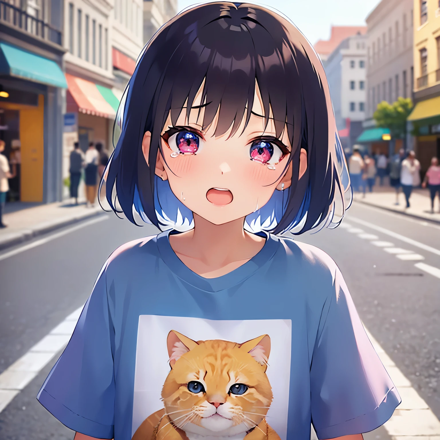 child、bob cut, masterpiece、Highest quality、 (Hair with brown bangs) and (Pink eyes) and (5 years old:1.5)、, (Blue) and (T-Shirts)、sad、(tears:1.3), open mouth, Are standing、The background is a shopping street、The upper body is shown、Alone、