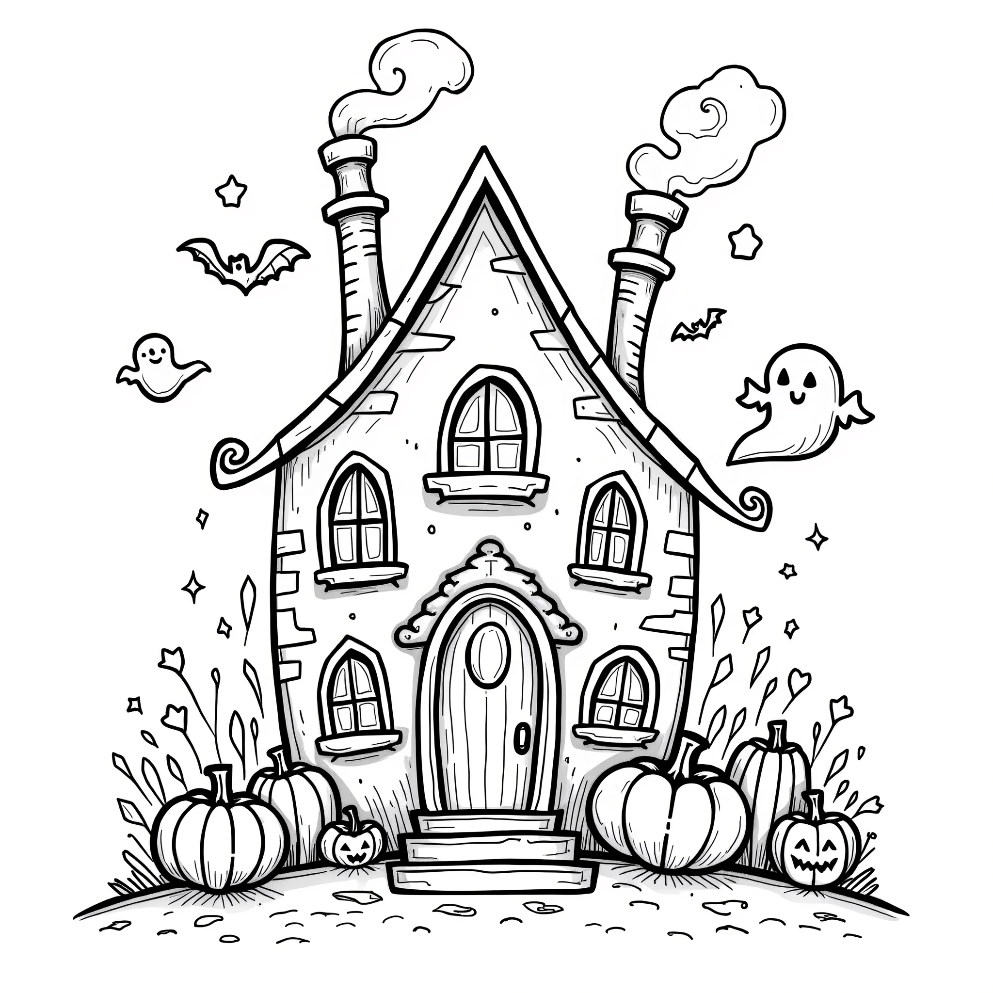 Halloween enchanted house coloring Page, simple for toddlers, bold and easy, black lines White background, for a coloring book black and white, líne art, only outlines but the design is simple and bold