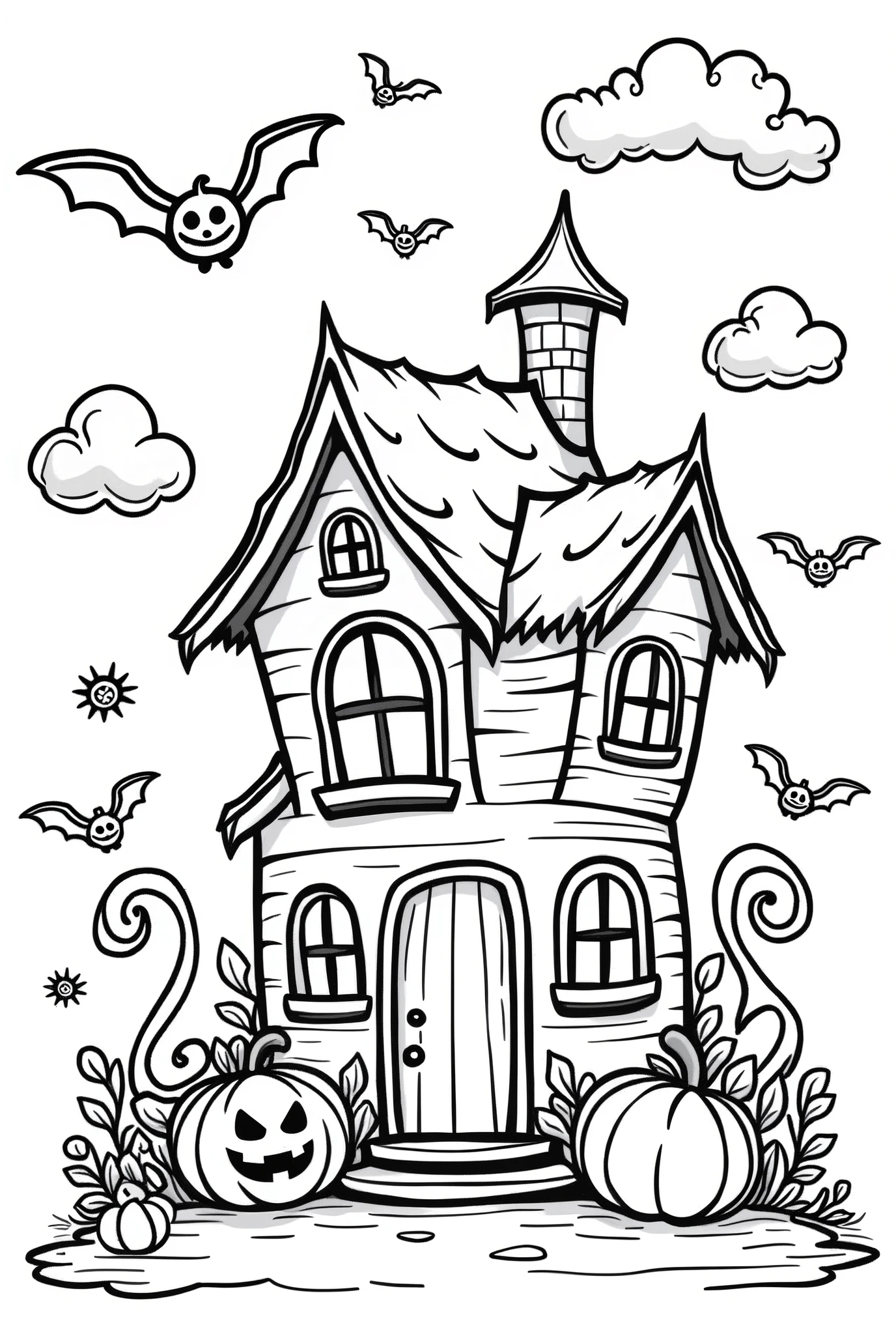 Halloween enchanted house coloring Page, simple for toddlers, bold and easy, black lines White background, for a coloring book black and white, líne art, only outlines but the design is simple and bold