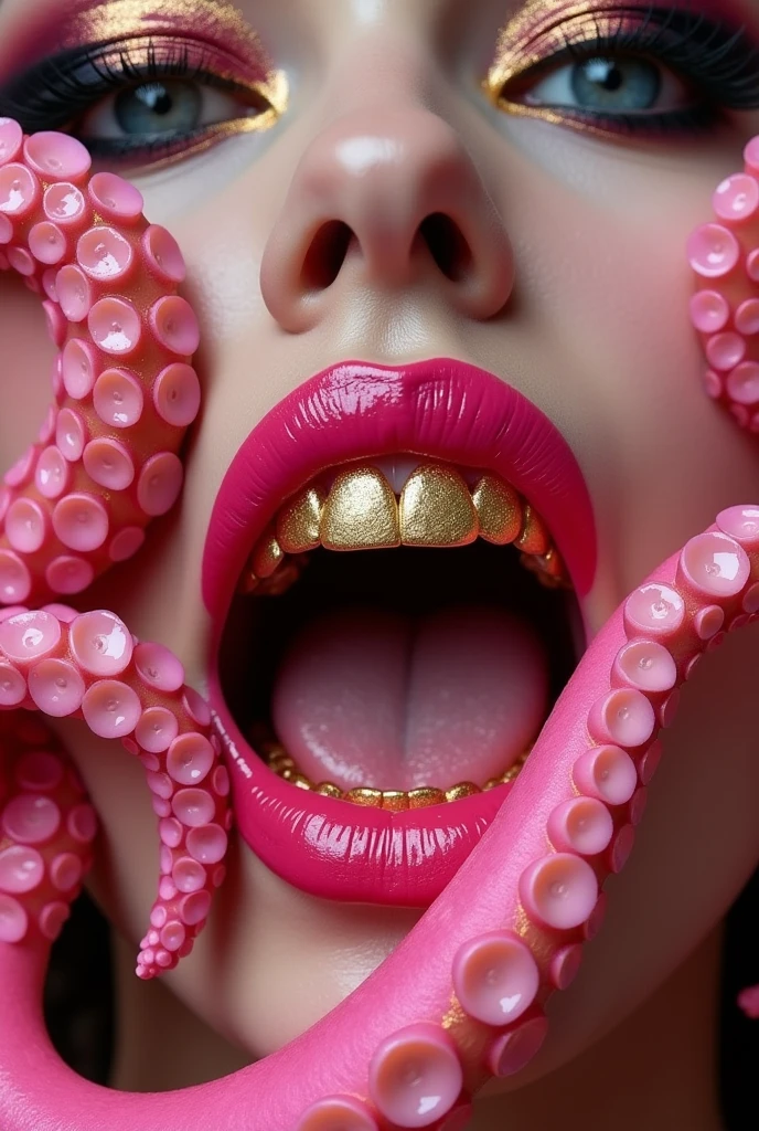 A close up of an open mouth with gold teeth and gold octopus tentacles, in the style of Travis Scott's album cover art, surreal, closeup photography of lips and tongue, hop pink lip gloss on pale skin, thick black eyeliner, hot pink lipstick, black eye shadow, photorealistic hyperrealism.