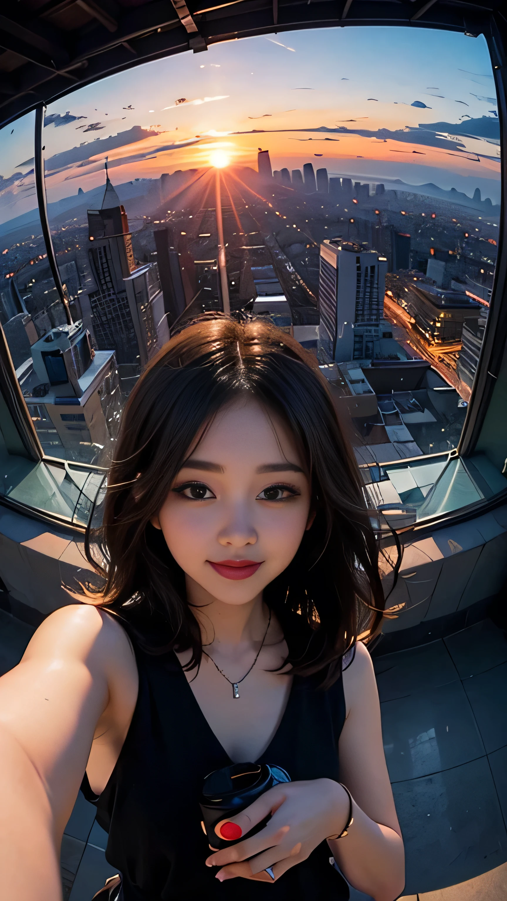 One girl, Korean, Fisheye Lens, Selfie, Wind, Messy Hair, sunset, Cityscape, (Aesthetics and atmosphere:1.2),smile
