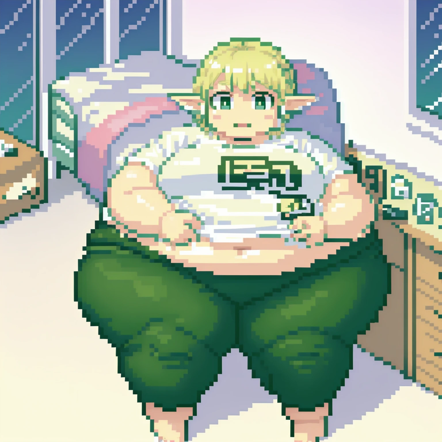high quality, Pixel, 32 Bits, detailed eyes, 1 solo girl, obese erufuda, short hair, pointy ears, obese elf, blonde hair, (green eyes:1.5), white t-shirt, green pants, barefoot, braid, big breasts, thick thighs, ((Perfect body)), smile, big belly, night, bedroom, very cute, 4K, PixelArt