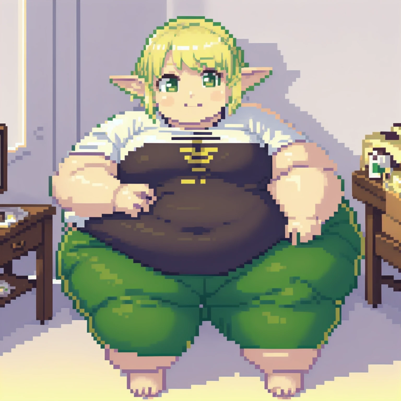 high quality, Pixel, 32 Bits, detailed eyes, 1 solo girl, obese erufuda, short hair, pointy ears, obese elf, blonde hair, (green eyes:1.5), white t-shirt, green pants, barefoot, braid, big breasts, thick thighs, ((Perfect body)), smile, big belly, night, bedroom, very cute, 4K, PixelArt