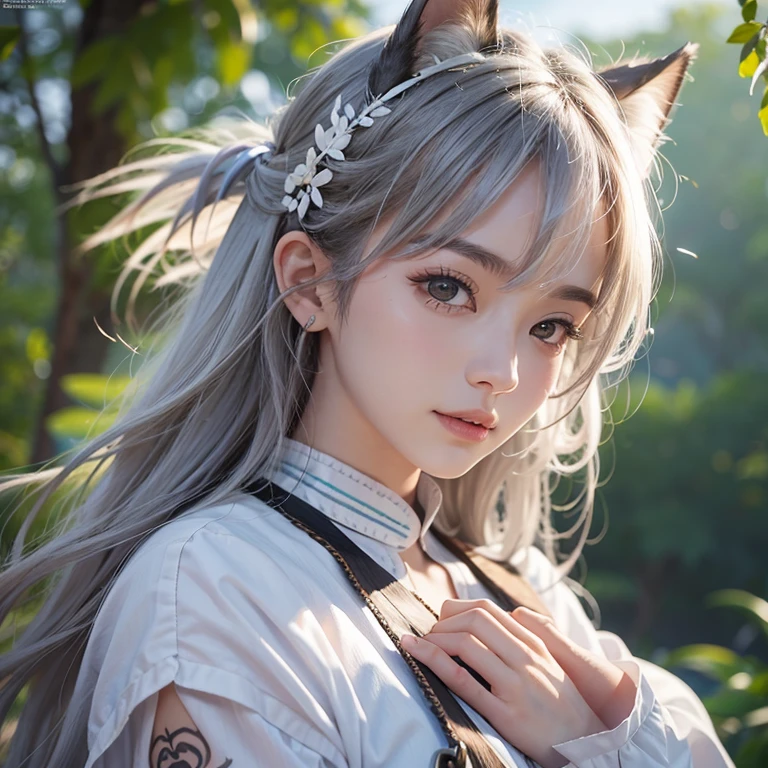 Shirakami-Sanchi、Hair Flow、 ((Highest quality、masterpiece、8k、Best image quality、Ultra-high resolution、Award-winning works)、(Accurate anatomy:1.1)、(Look at me and smile:1.1)、Shining fair skin with Ultra-high resolution、The most detailed face、Ultra-high resolution detailed face、Ultra-high resolutionの髪の毛、(Ultra-high resolutionの煌めく瞳:1.1)、Beautiful face drawn in every detail、(Blurred Background:1.1)、White clothing of Native Americans, American Indian Clothing, Chest to chest, tattoo、A real giant condor next to you。Observe the white wolf