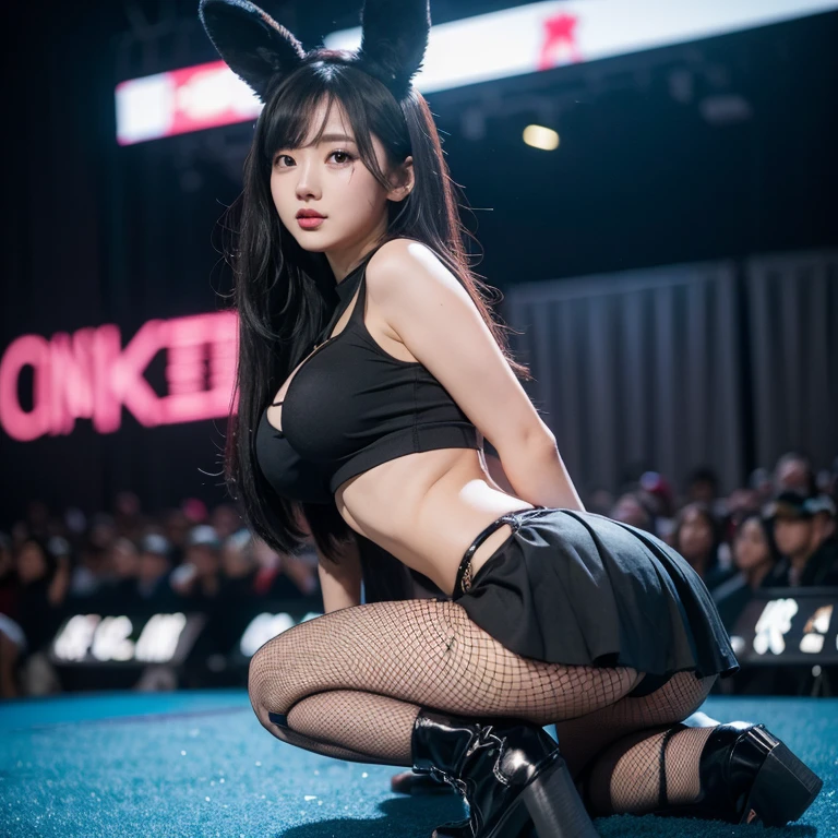 Multiple  Very beautiful cute Hong kong female at anime con 2024 wearing fishnet stocking up to the waist and very short black skirt where you can see the whole butt to the waist and a thin small tight blue fishnet crop top showing under boob , wearing fake bunny ears and a black mask,white slimy liquid on her face and hair , sweating super hard , mega large breast, show full body, sexy body ,super huge big butt small waist, ideal body,kneeling,