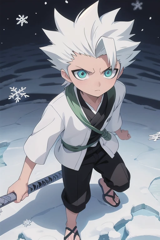 Highest quality, (high quality),eye highlights,glint,arms are thin, thin body,face,from front,look at viewer,droopy eyes,troll,(((chilled boy))), (1 boy), hitsugaya_toushirou, ice, snow, fight, snowflake,night,