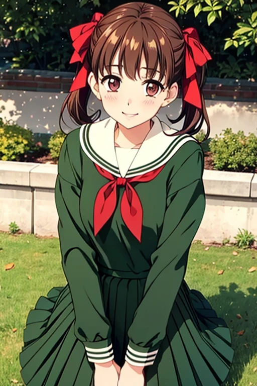 Yumi Fukuzawa、Shiny brown hair,Medium Hair, 、((Red ribbon , Twin tails、)),Beautiful brown eyes、Sparkling eyes, fine grain、smile、Very fine eye、Highly detailed face, Highly detailed eyes,Cowboy Shot、

 
  school uniform, Sailor collar, neckerchief, Green Shirt, Sailor shirt, Long sleeve, Green Skirt, Long skirt, 
  Lillian_Women's_School_uniform