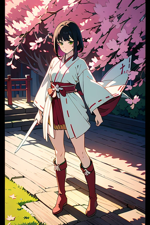 anime girl in miko outfit with medium length black hair, (miko cloth), shining green eyes, long boots, holding a wooden sword, standing full body, blushing expression, highly detailed, extremely sharp focus, masterpiece, 8k, photorealistic, professional illustration, ultra-fine detail, vivid colors, dramatic lighting, intricate fabric textures, clean background