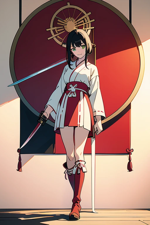 anime girl in miko outfit with medium length black hair, (miko cloth), shining green eyes, long boots, holding a wooden sword, standing full body, blushing expression, highly detailed, extremely sharp focus, masterpiece, 8k, photorealistic, professional illustration, ultra-fine detail, vivid colors, dramatic lighting, intricate fabric textures, clean background