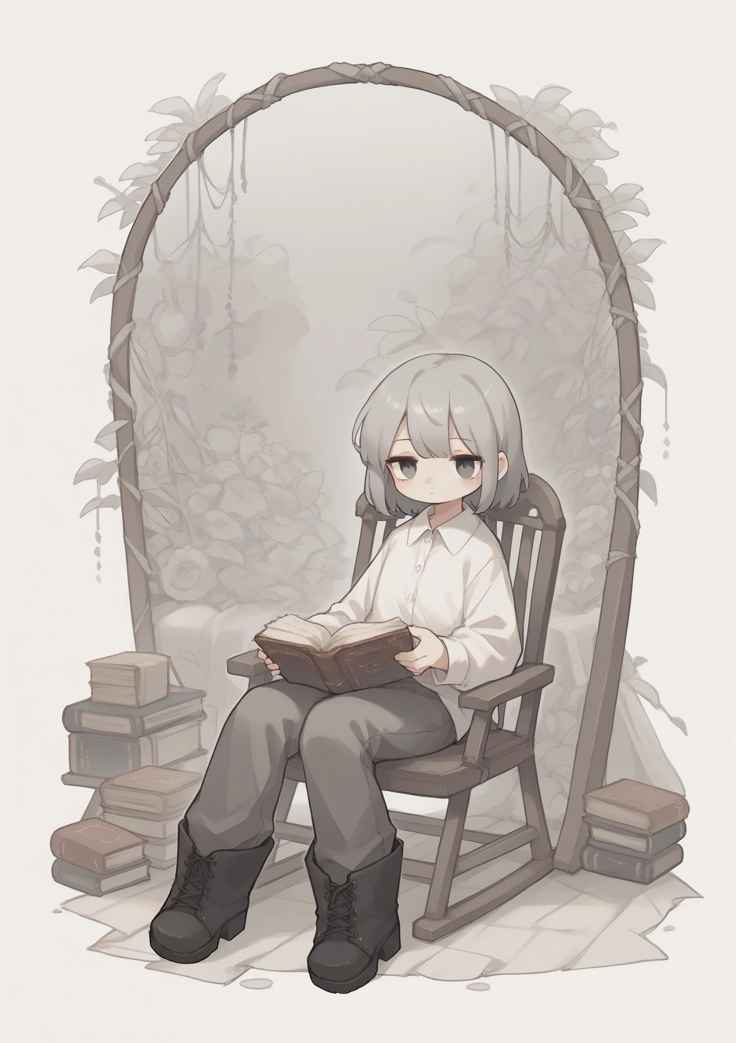 Miss、Gray medium-length hair,Gray Eyes,Pure white shirt,trousers,boots,Sitting in a rocking chair,Book in hand,((Covered with blankets))