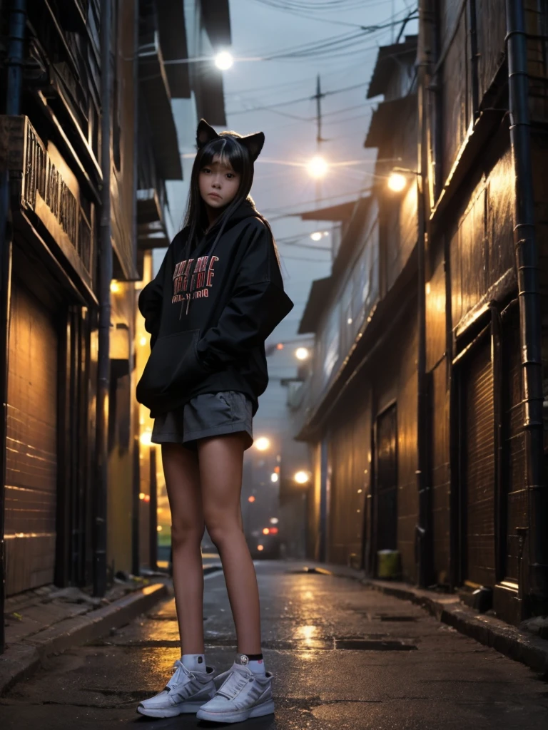 1girl, , realistic, she is wearing short pants, she is wearing oversize hoodie, black hair, cat ear, cat tail, long hair, Sleepy face, street, star eye, night,  super moon, The text is bold and eye-catching, with catchy slogans that add to the overall drama and excitement,  meteor in the sky, hd,