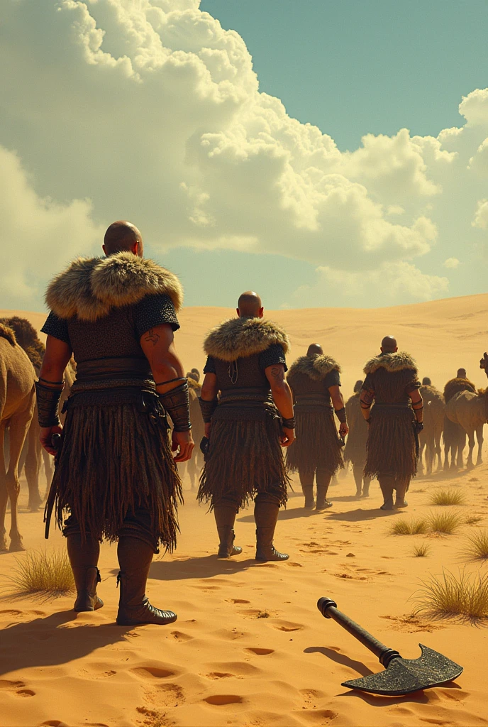 make a picture of a viking army that is confused because they are lost in the desert and some of them are confused and afraid to see camels