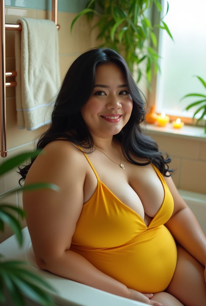 voluptuous chubby filipina wearing yellow bathing suit with medium length hair inside the bathroom