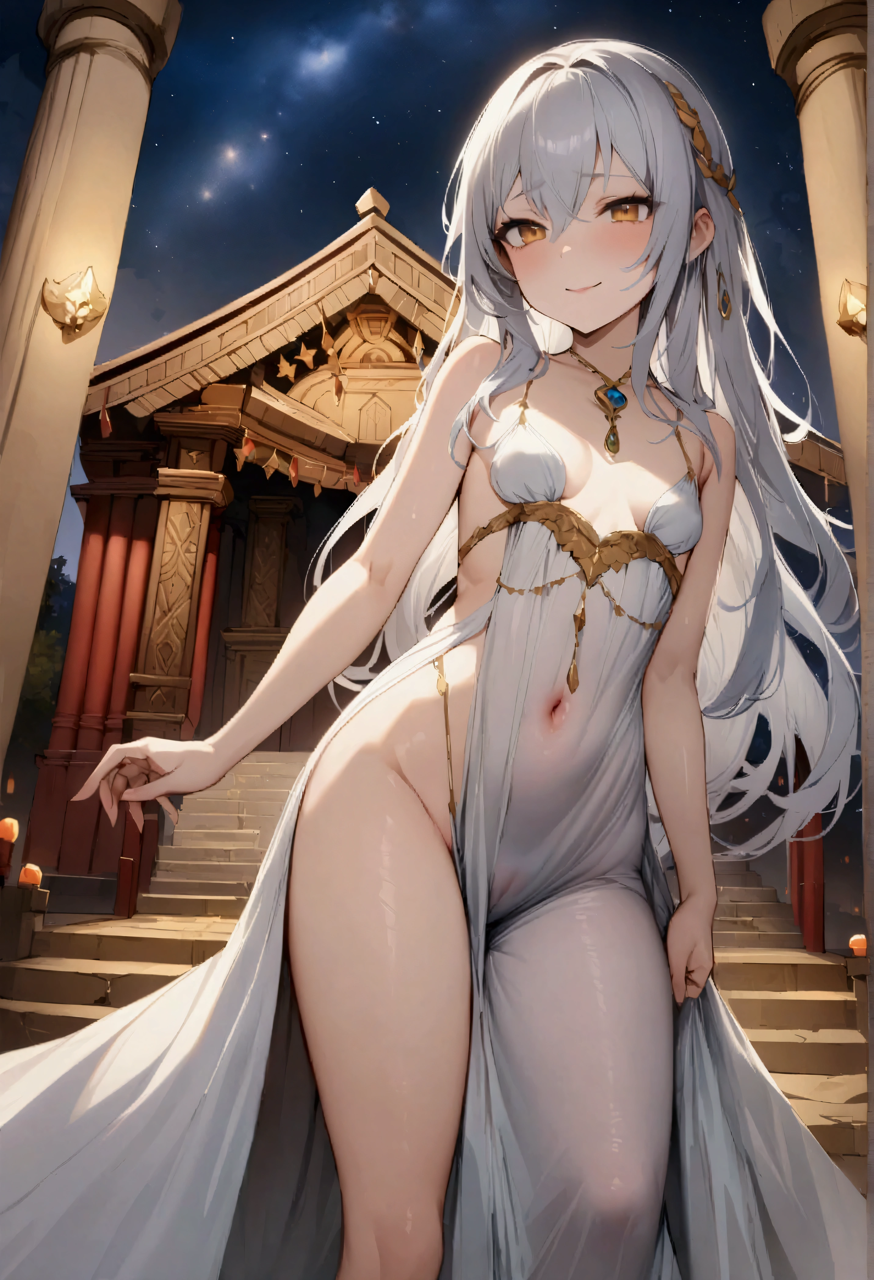 NSFW,masterpiece,Highest quality,High resolution,Very detailed,Girl,Silver Hair,long hair,Golden Eyes,Small breasts,Short height,Angel,wing,A dazzling long dress,Silk dress,gem,Decoration,Temple of the Night,altar,Starry Sky,Ancient,Bad Smile,Seduce,Landscape