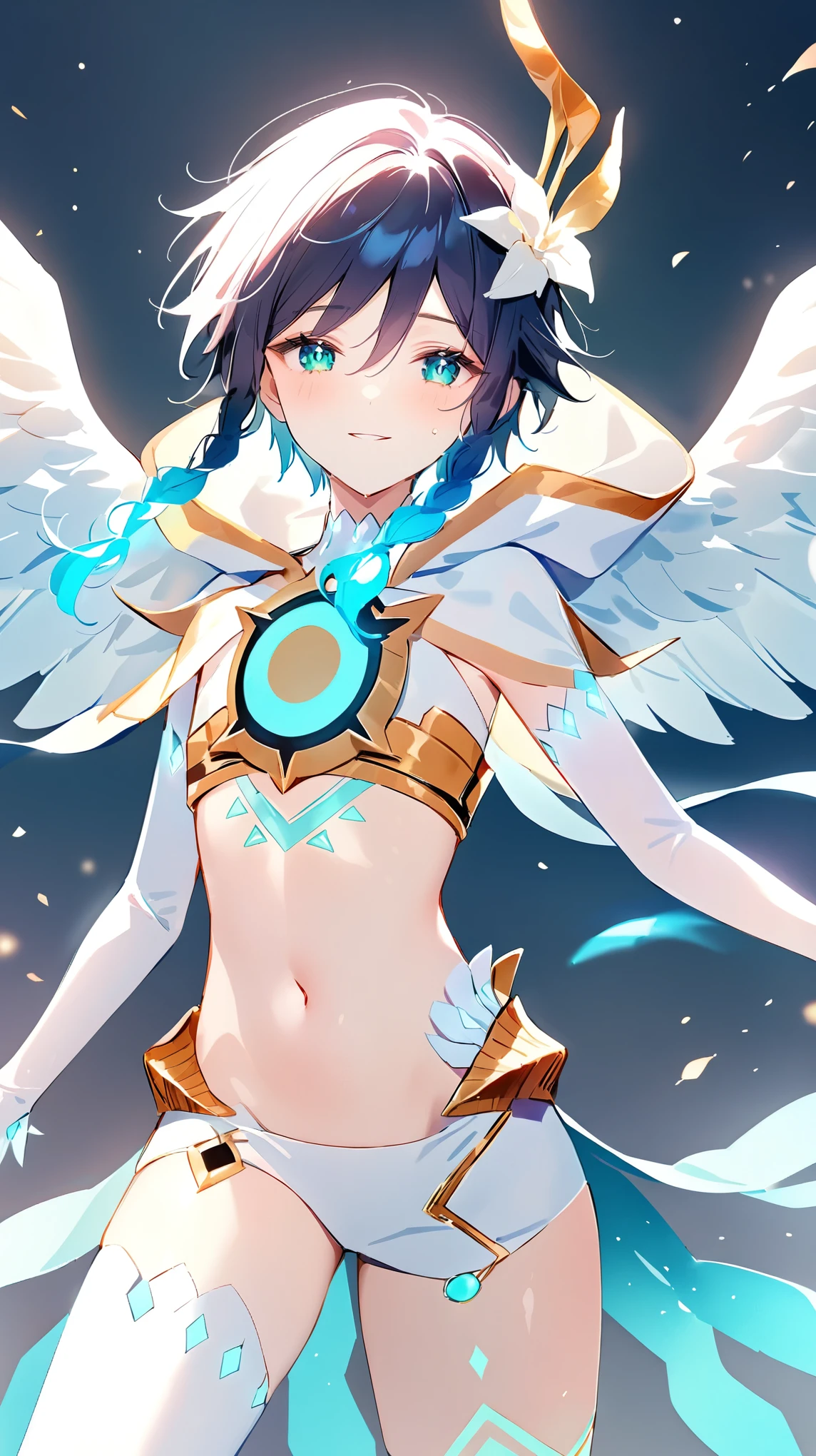 (masterpiece,best quality,4k,8k,absurdres:1.2),agahari,aoi nanase,((illustrated by carnelian)),sharp and clear, wide blue slit pupils, green eyes, perfect face, 1boy, flat chest,venti_\(archon\)_\(genshin_impact\),bare stomach,graceful,(face focus,detailed_eyes),gradient_hair,chest_tattoo,(thigh_tattoo left thigh),flirtatious,seductive,dsmile,large fluffy angel wings,otoko no ko, (white single_thighhigh right thigh),slim,slender,realistic:.25,flying,night sky,white full moon,divine